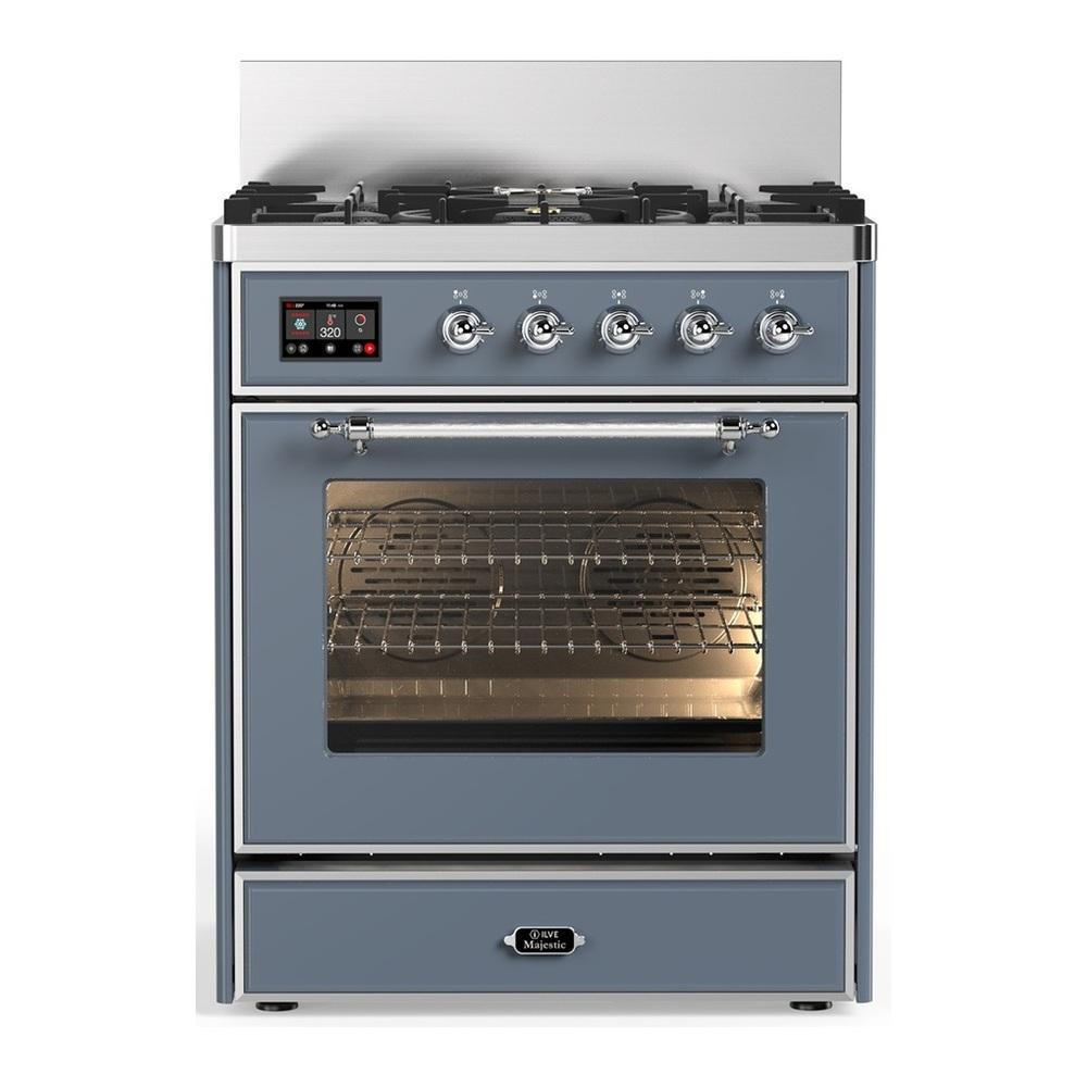 ILVE UM30NR3BGC Majestic III 30 inch Dual Fuel Range with 5 Black Brass Burners, Dual Function Burner up to 25,000 BTU (Natural Gas, Triple Glass Door, Blue Grey, Chrome)