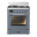ILVE UM30NR3BGC Majestic III 30 inch Dual Fuel Range with 5 Black Brass Burners, Dual Function Burner up to 25,000 BTU (Natural Gas, Triple Glass Door, Blue Grey, Chrome)