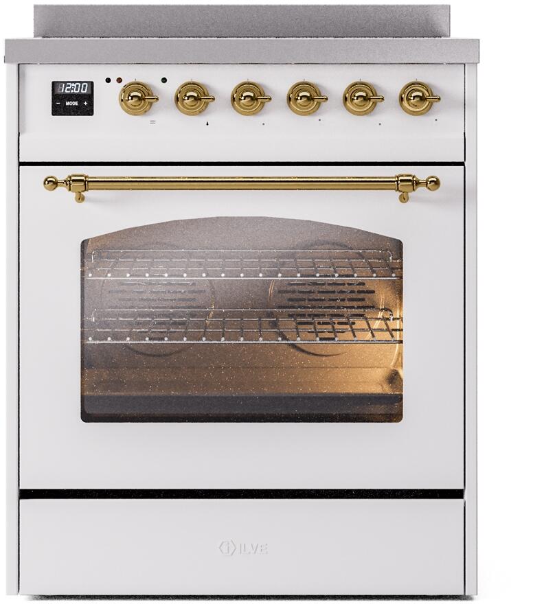 Nostalgie II 30 Inch Electric Freestanding Range in White with Brass Trim