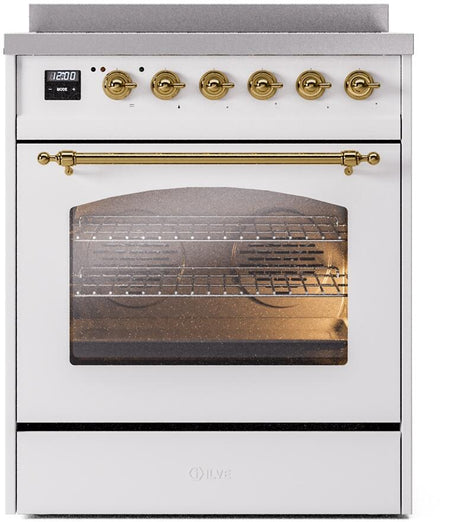 Nostalgie II 30 Inch Electric Freestanding Range in White with Brass Trim