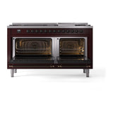 ILVE UN60FNMPBUB Nostalgie II Noblesse 60 inch Dual Fuel Range (9 Sealed Burners + Griddle, Natural Gas, Triple Glass Door, Burgundy, Burnished)