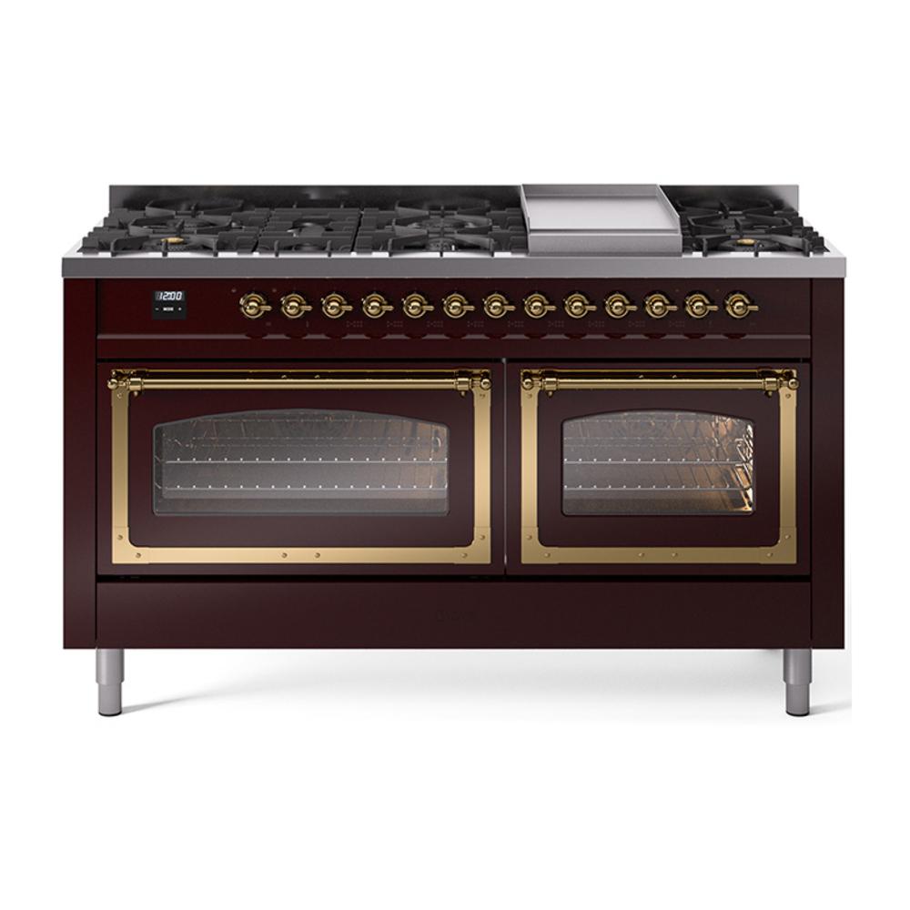 ILVE UN60FNMPBUGLP Nostalgie II Noblesse 60 inch Dual Fuel Range (9 Sealed Burners + Griddle, Liquid Propane, Triple Glass Door, Burgundy, Brass)
