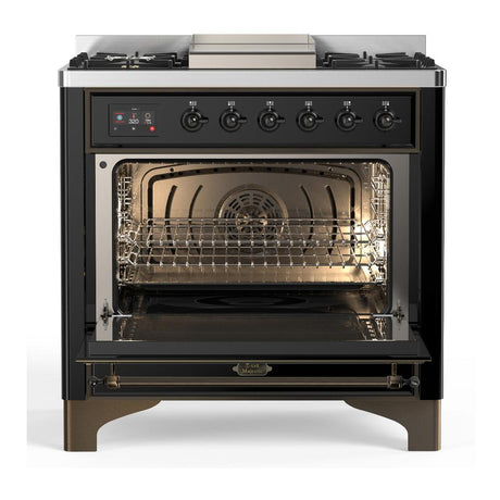ILVE UM36FQNR3BKB Majestic III 36 inch Dual Fuel Range with 6 Black Brass Burners and Griddle, Dual Function Burner up to 25,000 BTU (Solid Door, Glossy Black, Burnished, Natural Gas)