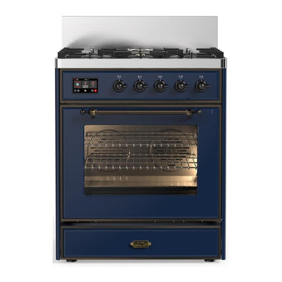 ILVE UM30NR3MBBLP Majestic III 30 inch Dual Fuel Range with 5 Black Brass Burners, Dual Function Burner up to 25,000 BTU (Liquid Propane, Triple Glass Door, Midnight Blue, Burnished)