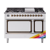 ILVE UN48FQNMPRABLP Nostalgie II Noblesse 48 inch Dual Fuel Range (8 Sealed Burners + Griddle, Liquid Propane, Solid Door, RAL, Burnished)