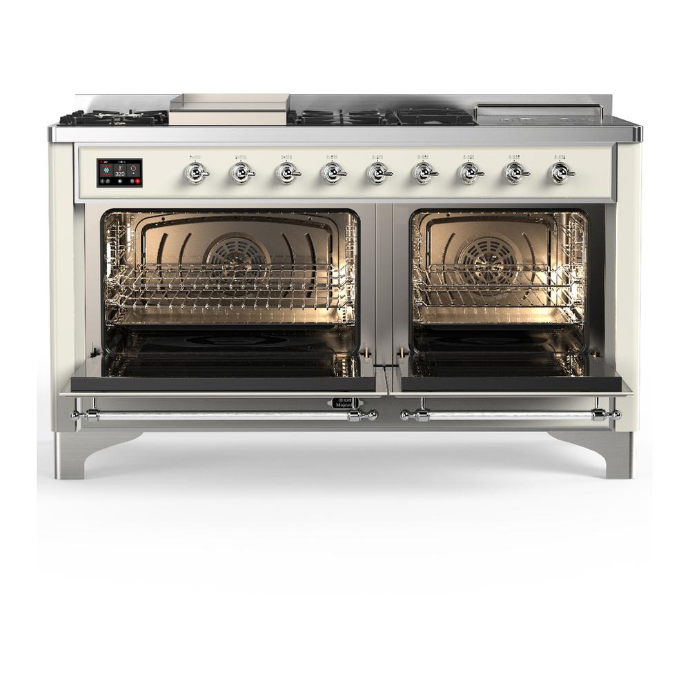 ILVE UM60FSNR3AWCLP Majestic III 60 inch Dual Fuel Range with 7 Burners, Griddle and French Top, Dual Function Burner with up to 25,000 BTU (Liquid Propane, Triple Glass Door, Antique White, Chrome)