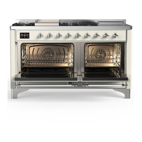 ILVE UM60FSNR3AWCLP Majestic III 60 inch Dual Fuel Range with 7 Burners, Griddle and French Top, Dual Function Burner with up to 25,000 BTU (Liquid Propane, Triple Glass Door, Antique White, Chrome)