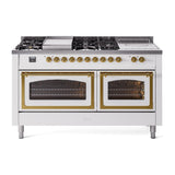 ILVE UN60FSNMPWHGLP Nostalgie II Noblesse 60 inch Dual Fuel Range (7 Sealed Burners + Griddle + French Top, Liquid Propane, Triple Glass Door, White, Brass)