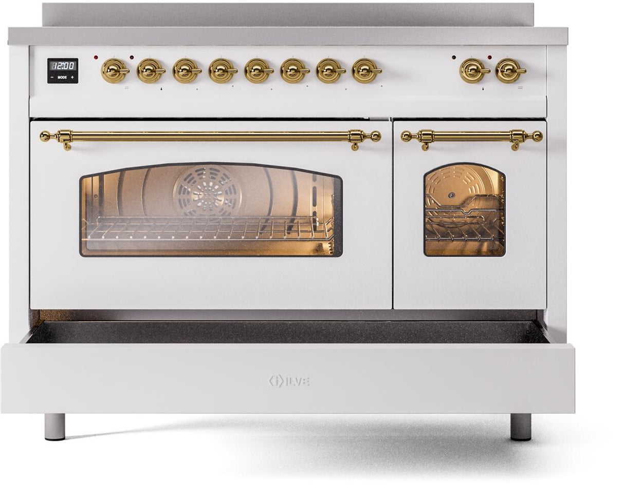 Nostalgie II 48 Inch Electric Freestanding Range in White with Brass Trim