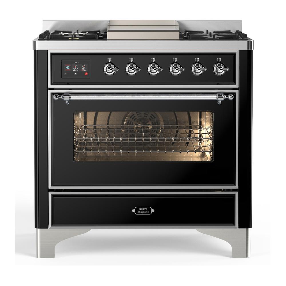 ILVE UM36FNR3BKC Majestic III 36 inch Dual Fuel Range with 6 Black Brass Burners and Griddle, Dual Function Burner up to 25,000 BTU (Triple Glass Door, Glossy Black, Chrome, Natural Gas)