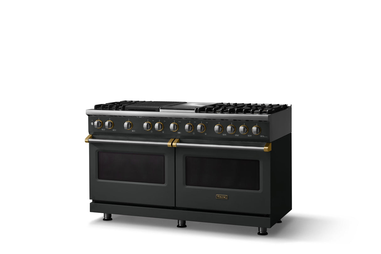 60"W.Dual Fuel Range (Finish: Antique Bronze, Trim: Brushed Brass, Fuel: Propane)