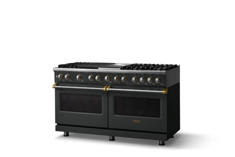 60"W.Dual Fuel Range (Finish: Antique Bronze, Trim: Brushed Brass, Fuel: Natural Gas)