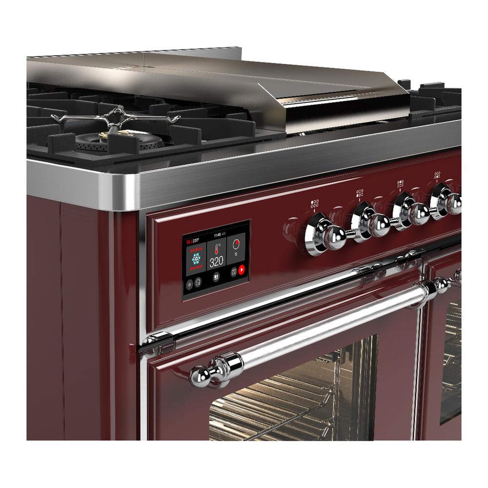 ILVE UMD40FNR3BUCLP Majestic III 40 inch Dual Fuel Range with 6 Burners and Griddle, Dual Function Burner up to 25,000 BTU (Liquid Propane, Triple Glass Door, Burgundy, Chrome)
