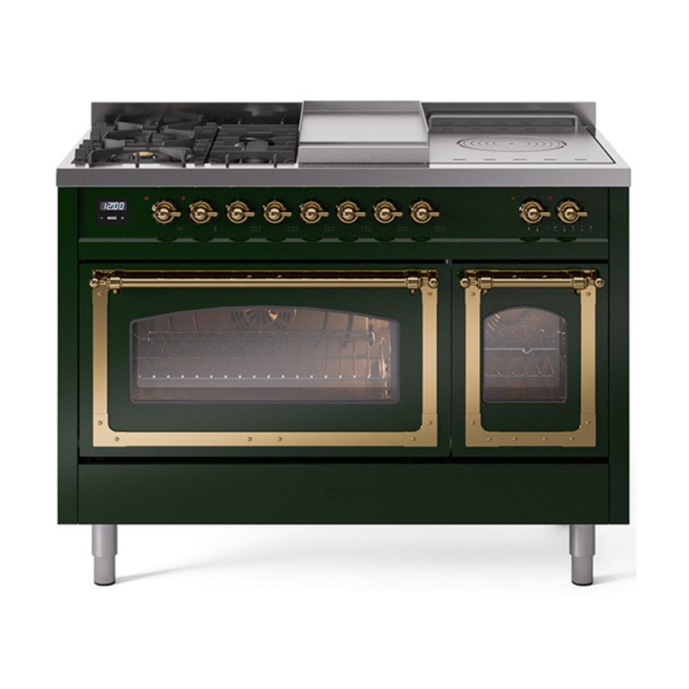 ILVE UN48FSNMPEGGLP Nostalgie II Noblesse 48 inch Dual Fuel Range (5 Sealed Burners + Griddle + French Top, Liquid Propane, Triple Glass Door, Emerald Green, Brass)