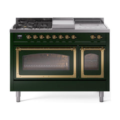 ILVE UN48FSNMPEGGLP Nostalgie II Noblesse 48 inch Dual Fuel Range (5 Sealed Burners + Griddle + French Top, Liquid Propane, Triple Glass Door, Emerald Green, Brass)
