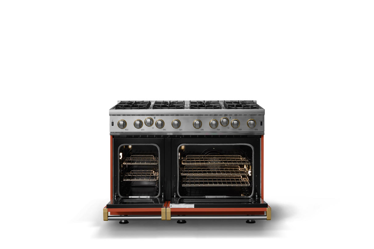 48"W. Open Burner Gas Range (Finish: Spiced Cider, Trim: Brushed Brass, Fuel: Natural Gas)