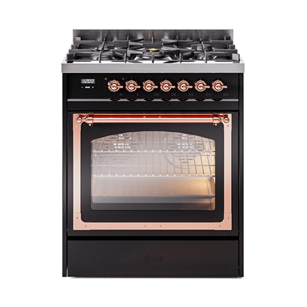 ILVE UN30NMPBKPLP Nostalgie II Noblesse 30 inch Dual Fuel Range (Liquid Propane, Triple Glass Door, Glossy Black, Copper)