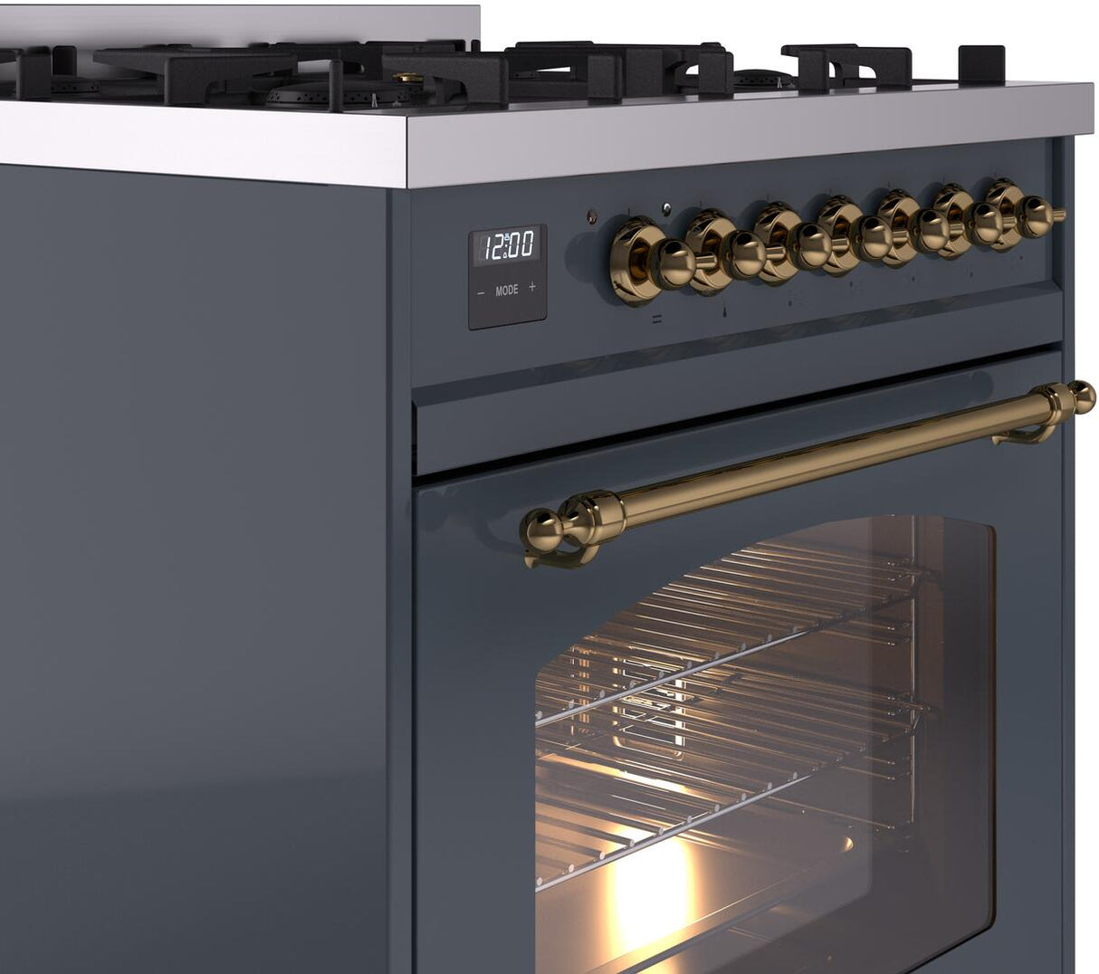 Nostalgie II 30 Inch Dual Fuel Natural Gas Freestanding Range in Blue Grey with Brass Trim