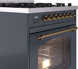 Nostalgie II 30 Inch Dual Fuel Natural Gas Freestanding Range in Blue Grey with Brass Trim