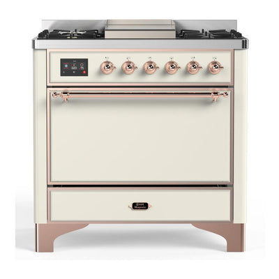 ILVE UM36FQNR3AWP Majestic III 36 inch Dual Fuel Range with 6 Black Brass Burners and Griddle, Dual Function Burner up to 25,000 BTU (Solid Door, Antique White, Copper, Natural Gas)