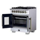 Forno Capriasca 30 Inch Freestanding French Door Dual Fuel Range in White with Antique Brass Accessories, 5 Burners, True Convection Oven