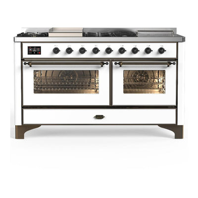 ILVE UM60FSNR3WHBLP Majestic III 60 inch Dual Fuel Range with 7 Burners, Griddle and French Top, Dual Function Burner with up to 25,000 BTU (Liquid Propane, Triple Glass Door, White, Burnished)