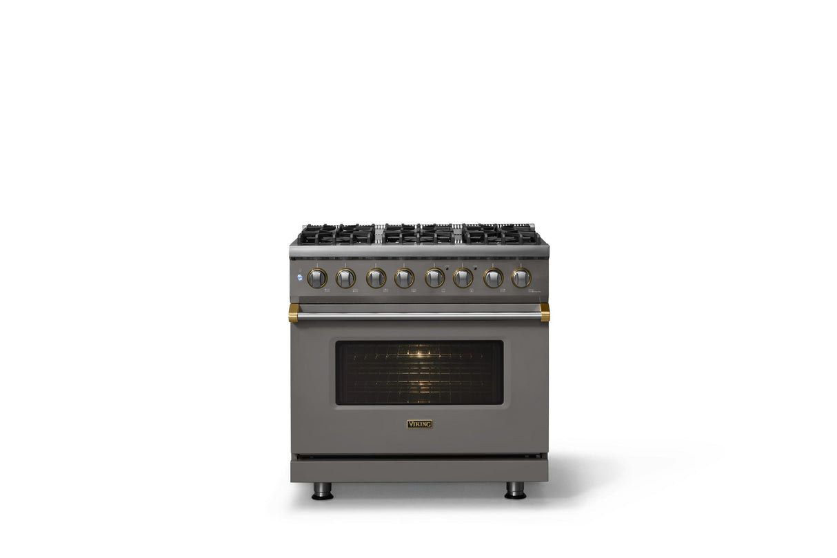 36"W. Dual Fuel Range (Burner: 6b, Finish: Damascus Gray, Trim: Brushed Brass, Fuel: Natural Gas)