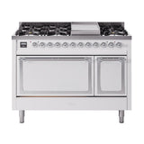 ILVE UN48FQNMPWHC Nostalgie II Noblesse 48 inch Dual Fuel Range (8 Sealed Burners + Griddle, Natural Gas, Solid Door, White, Chrome)