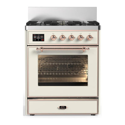 ILVE UM30NR3AWP Majestic III 30 inch Dual Fuel Range with 5 Black Brass Burners, Dual Function Burner up to 25,000 BTU (Natural Gas, Triple Glass Door, Antique White, Copper)