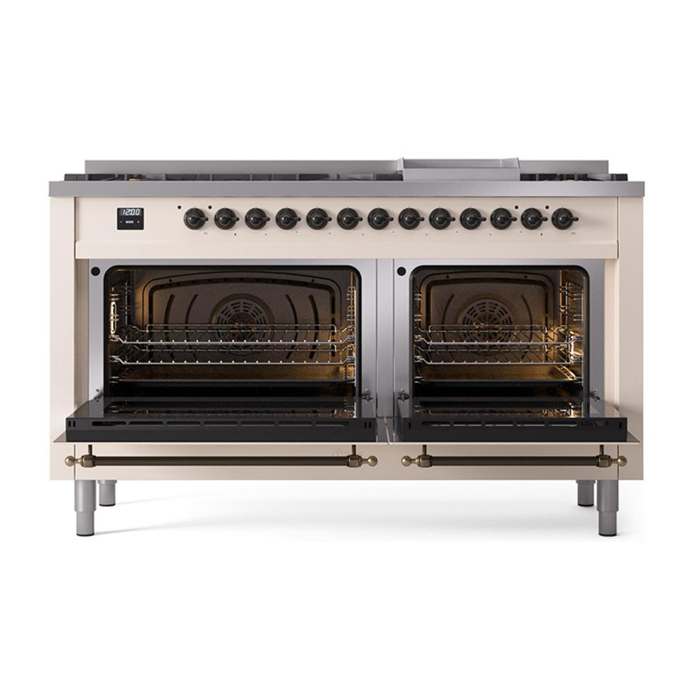 ILVE UN60FQNMPAWB Nostalgie II Noblesse 60 inch Dual Fuel Range (9 Sealed Burners + Griddle, Natural Gas, Solid Door, Antique White, Burnished)