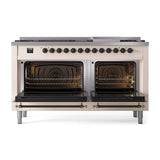 ILVE UN60FQNMPAWB Nostalgie II Noblesse 60 inch Dual Fuel Range (9 Sealed Burners + Griddle, Natural Gas, Solid Door, Antique White, Burnished)