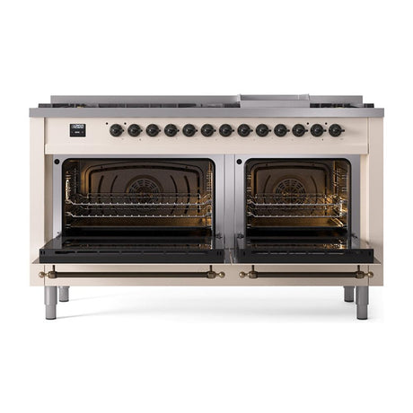 ILVE UN60FQNMPAWB Nostalgie II Noblesse 60 inch Dual Fuel Range (9 Sealed Burners + Griddle, Natural Gas, Solid Door, Antique White, Burnished)