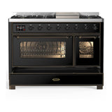 ILVE UM48FNR3BKB Majestic III 48 inch Dual Fuel Range with 8 Burners and Griddle, Dual Function Burner up to 25,000 BTU (Natural Gas, Triple Glass Door, Glossy Black, Burnished)