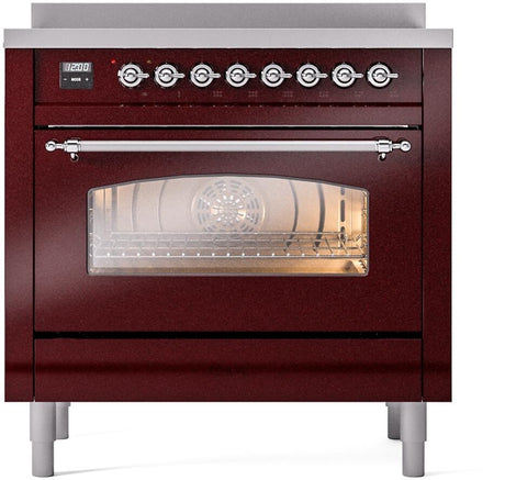 Nostalgie II 36 Inch Electric Freestanding Range in Burgundy with Chrome Trim