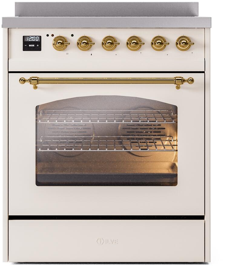Nostalgie II 30 Inch Electric Freestanding Range in Antique White with Brass Trim