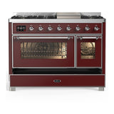 ILVE UM48FNR3BUCLP Majestic III 48 inch Dual Fuel Range with 8 Burners and Griddle, Dual Function Burner up to 25,000 BTU (Liquid Propane, Triple Glass Door, Burgundy, Chrome)