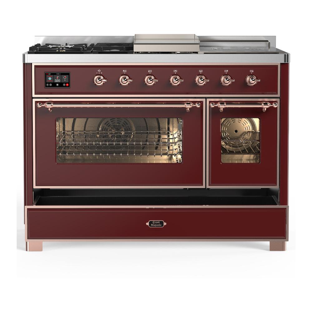 ILVE UM48FSNR3BUP Majestic III 48 inch Dual Fuel Range with 5 Black Brass Burners, Griddle and French Top, Dual Function Burner up to 25,000 BTU (Natural Gas, Triple Glass Door, Burgundy, Copper)