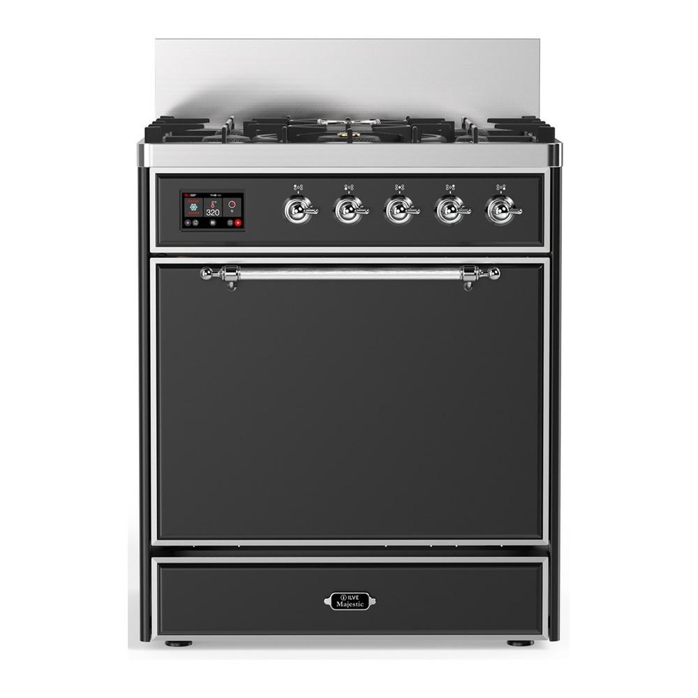 ILVE UM30QNR3MGC Majestic III 30 inch Dual Fuel Range with 5 Black Brass Burners, Dual Function Burner up to 25,000 BTU (Natural Gas, Solid Door, Graphite Matte, Chrome)