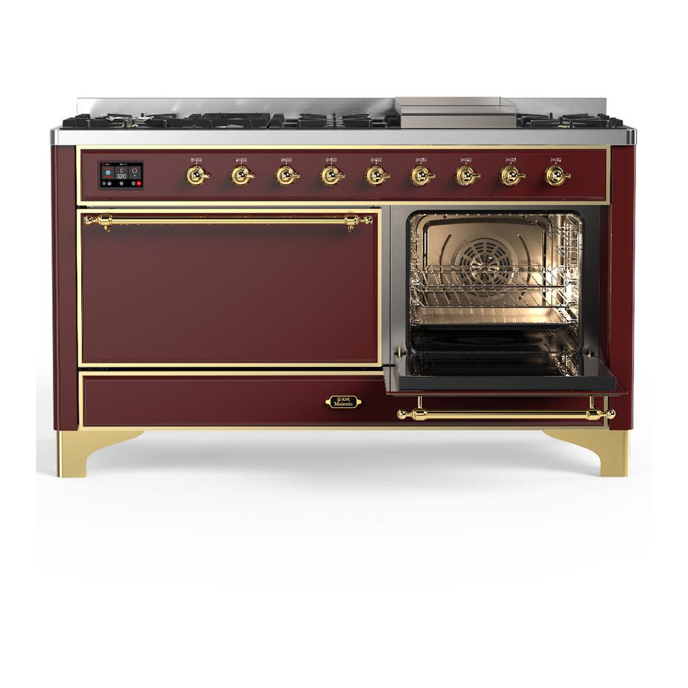ILVE UM60FQNR3BUGLP Majestic III 60 inch Dual Fuel Range with 9 Burners and Griddle, Dual Function Burner up to 25,000 BTU (Liquid Propane, Solid Door, Burgundy, Brass)