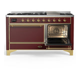 ILVE UM60FQNR3BUGLP Majestic III 60 inch Dual Fuel Range with 9 Burners and Griddle, Dual Function Burner up to 25,000 BTU (Liquid Propane, Solid Door, Burgundy, Brass)