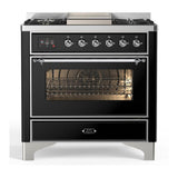 ILVE UM36FNR3BKCLP Majestic III 36 inch Dual Fuel Range with 6 Black Brass Burners and Griddle, Dual Function Burner up to 25,000 BTU (Triple Glass Door, Glossy Black, Chrome, Liquid Propane)