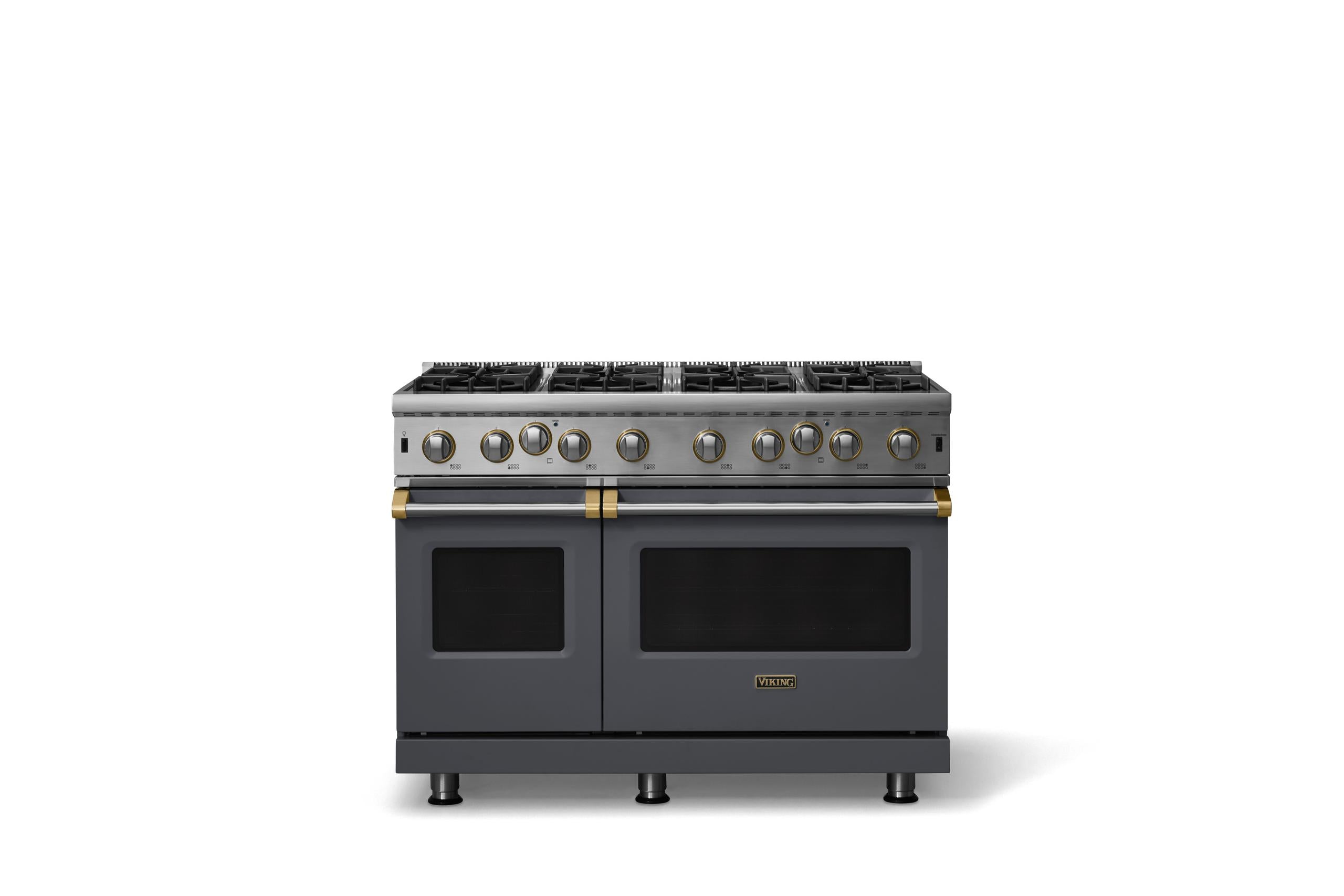 48"W. Open Burner Gas Range (Finish: Cast Black, Trim: Brushed Brass, Fuel: Natural Gas)