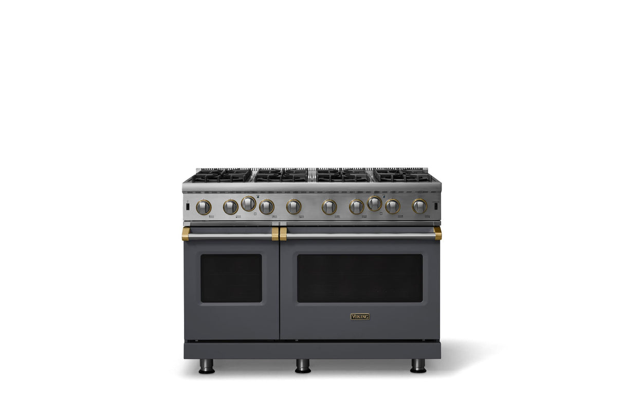 48"W. Open Burner Gas Range (Finish: Cast Black, Trim: Brushed Brass, Fuel: Propane)