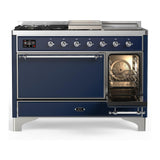 ILVE UM48FSQNR3MBC Majestic III 48 inch Dual Fuel Range with 5 Black Brass Burners, Griddle and French Top, Dual Function Burner up to 25,000 BTU (Natural Gas, Solid Door, Midnight Blue, Chrome)