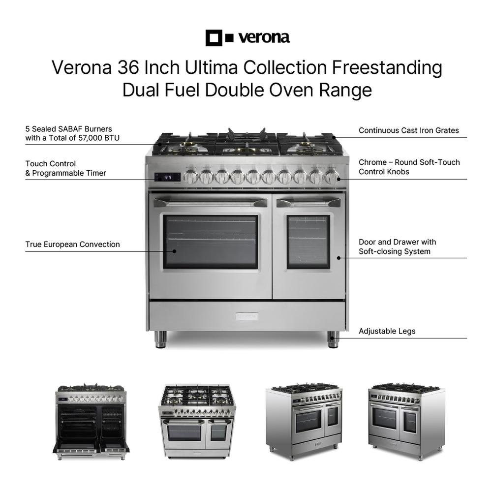 Verona VUFSGE365DSS 36 inch Ultima Collection Double Oven Dual Fuel Range with 5 Brass Burners, 4.1 cu. ft. Total Oven Capacity