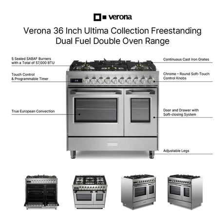 Verona VUFSGE365DSS 36 inch Ultima Collection Double Oven Dual Fuel Range with 5 Brass Burners, 4.1 cu. ft. Total Oven Capacity