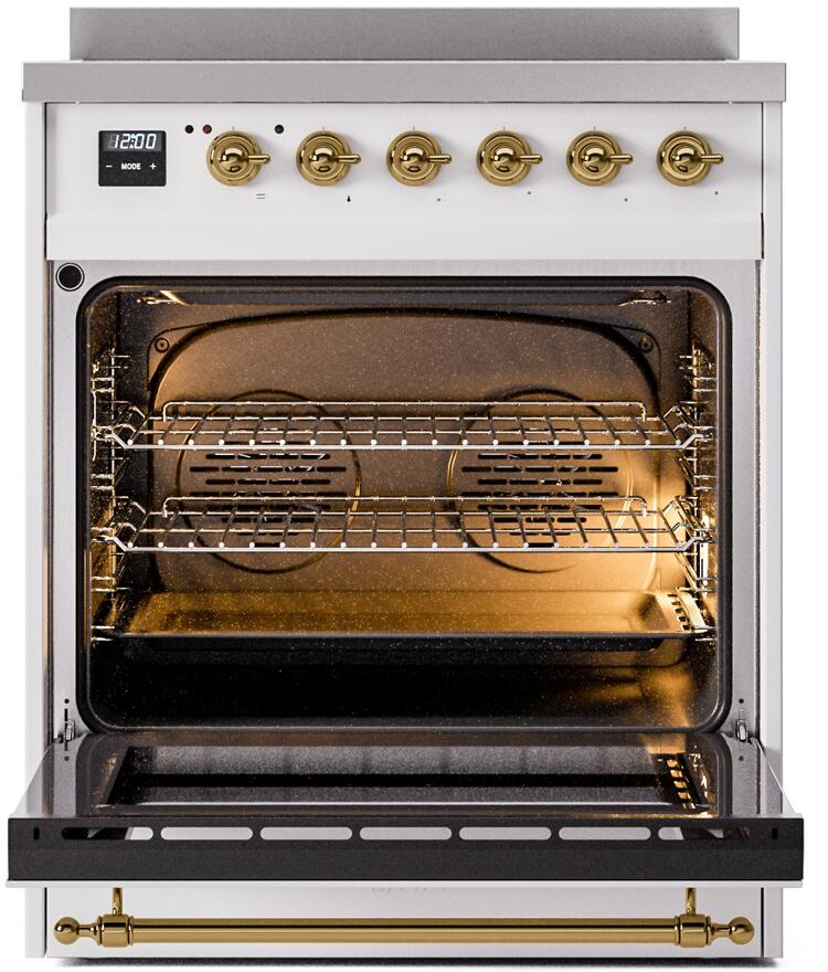 Nostalgie II 30 Inch Electric Freestanding Range in White with Brass Trim