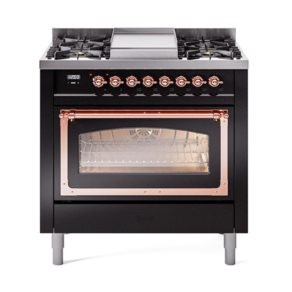 ILVE UN36FNMPBKP Nostalgie II Noblesse 36 inch Dual Fuel Range (Natural Gas, Triple Glass Door, Glossy Black, Copper)