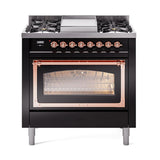 ILVE UN36FNMPBKP Nostalgie II Noblesse 36 inch Dual Fuel Range (Natural Gas, Triple Glass Door, Glossy Black, Copper)