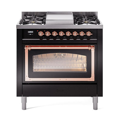 ILVE UN36FNMPBKP Nostalgie II Noblesse 36 inch Dual Fuel Range (Natural Gas, Triple Glass Door, Glossy Black, Copper)